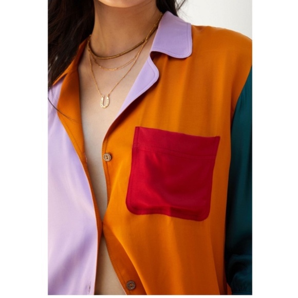 FARM Rio Colorblock Puffed Sleeve button down top Size Small EUC - Picture 3 of 11